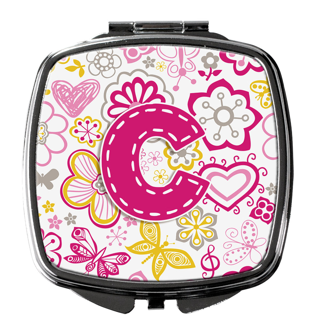 Letter C Flowers and Butterflies Pink Compact Mirror Decorative Travel Makeup Mirror for Women Girls Gifts Pocket Makeup Mirror Folding Handheld