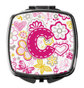 Letter C Flowers and Butterflies Pink Compact Mirror Decorative Travel Makeup Mirror for Women Girls Gifts Pocket Makeup Mirror Folding Handheld