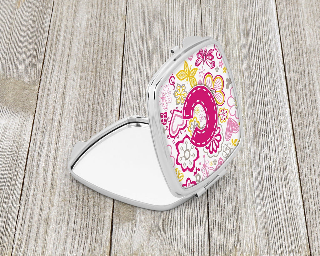 Letter C Flowers and Butterflies Pink Compact Mirror Decorative Travel Makeup Mirror for Women Girls Gifts Pocket Makeup Mirror Folding Handheld