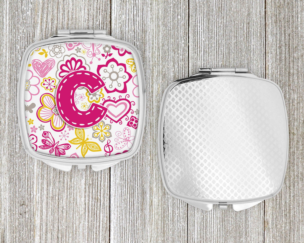 Letter C Flowers and Butterflies Pink Compact Mirror Decorative Travel Makeup Mirror for Women Girls Gifts Pocket Makeup Mirror Folding Handheld
