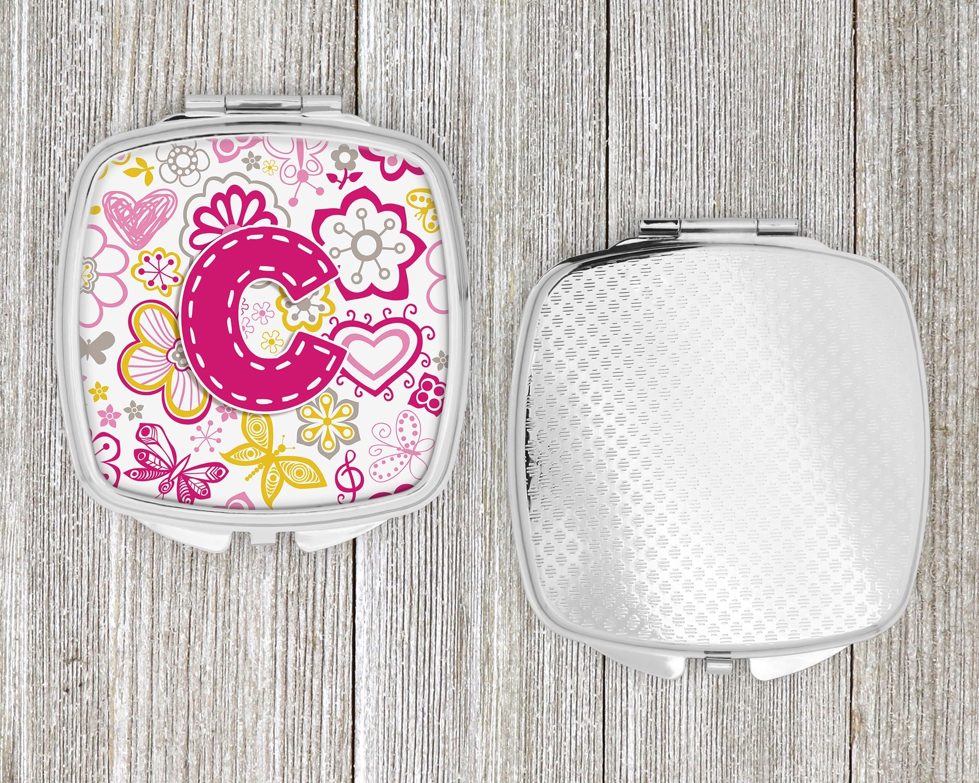 Letter C Flowers and Butterflies Pink Compact Mirror Decorative Travel Makeup Mirror for Women Girls Gifts Pocket Makeup Mirror Folding Handheld