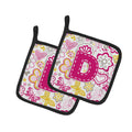 Letter D Flowers and Butterflies Pink Pot Holder Set of 2 Heat Resistant Quilted Hot Pads 7.5 x 7.5 Inch, Insulated Kitchen Trivets for Cooking & Baking