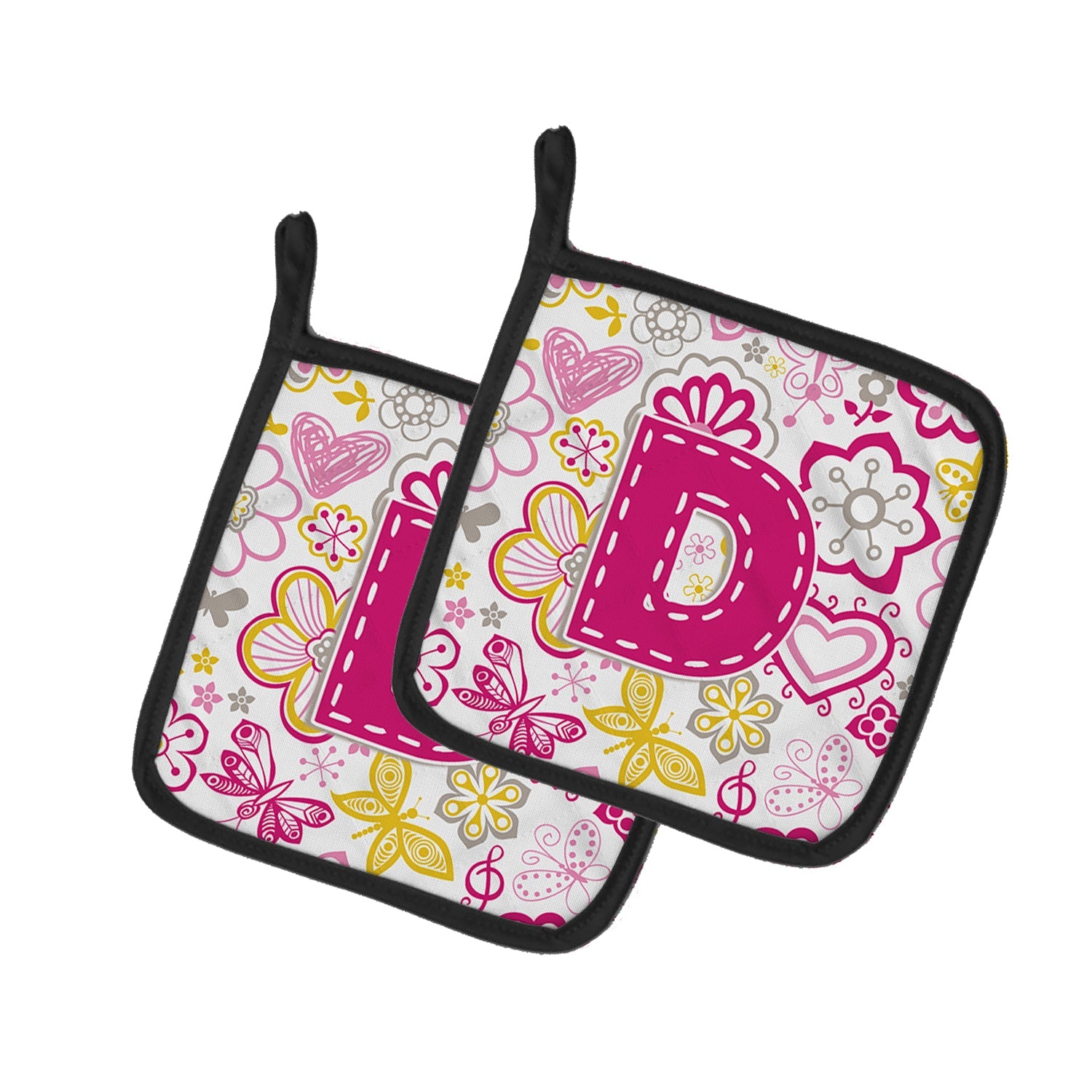 Letter D Flowers and Butterflies Pink Pot Holder Set of 2 Heat Resistant Quilted Hot Pads 7.5 x 7.5 Inch, Insulated Kitchen Trivets for Cooking & Baking