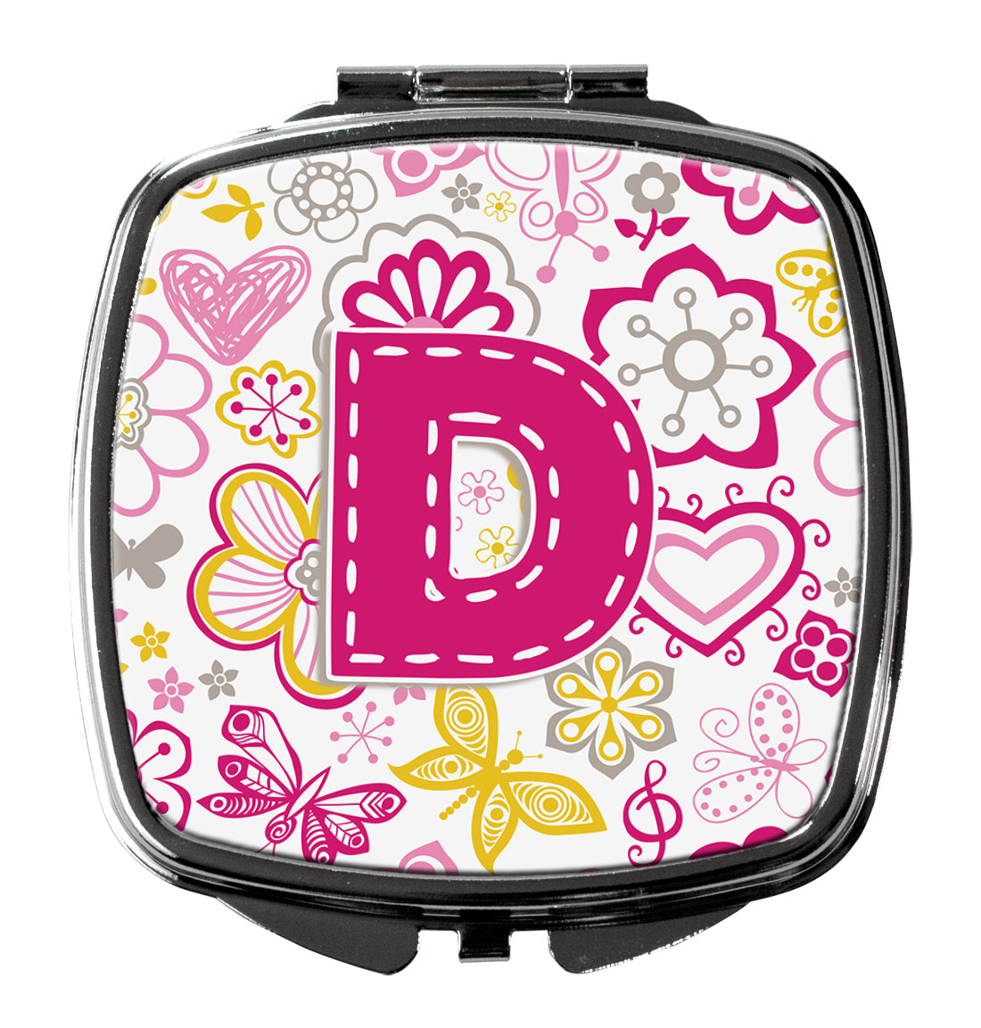 Letter D Flowers and Butterflies Pink Compact Mirror Decorative Travel Makeup Mirror for Women Girls Gifts Pocket Makeup Mirror Folding Handheld