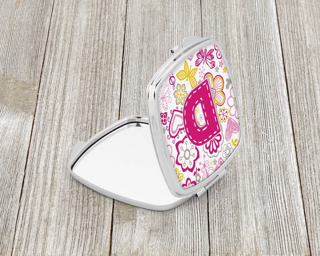 Letter D Flowers and Butterflies Pink Compact Mirror Decorative Travel Makeup Mirror for Women Girls Gifts Pocket Makeup Mirror Folding Handheld