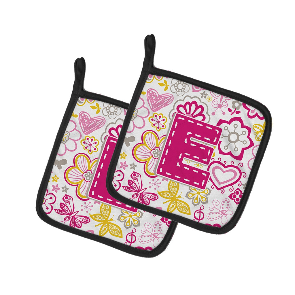 Letter E Flowers and Butterflies Pink Pot Holder Set of 2 Heat Resistant Quilted Hot Pads 7.5 x 7.5 Inch, Insulated Kitchen Trivets for Cooking & Baking