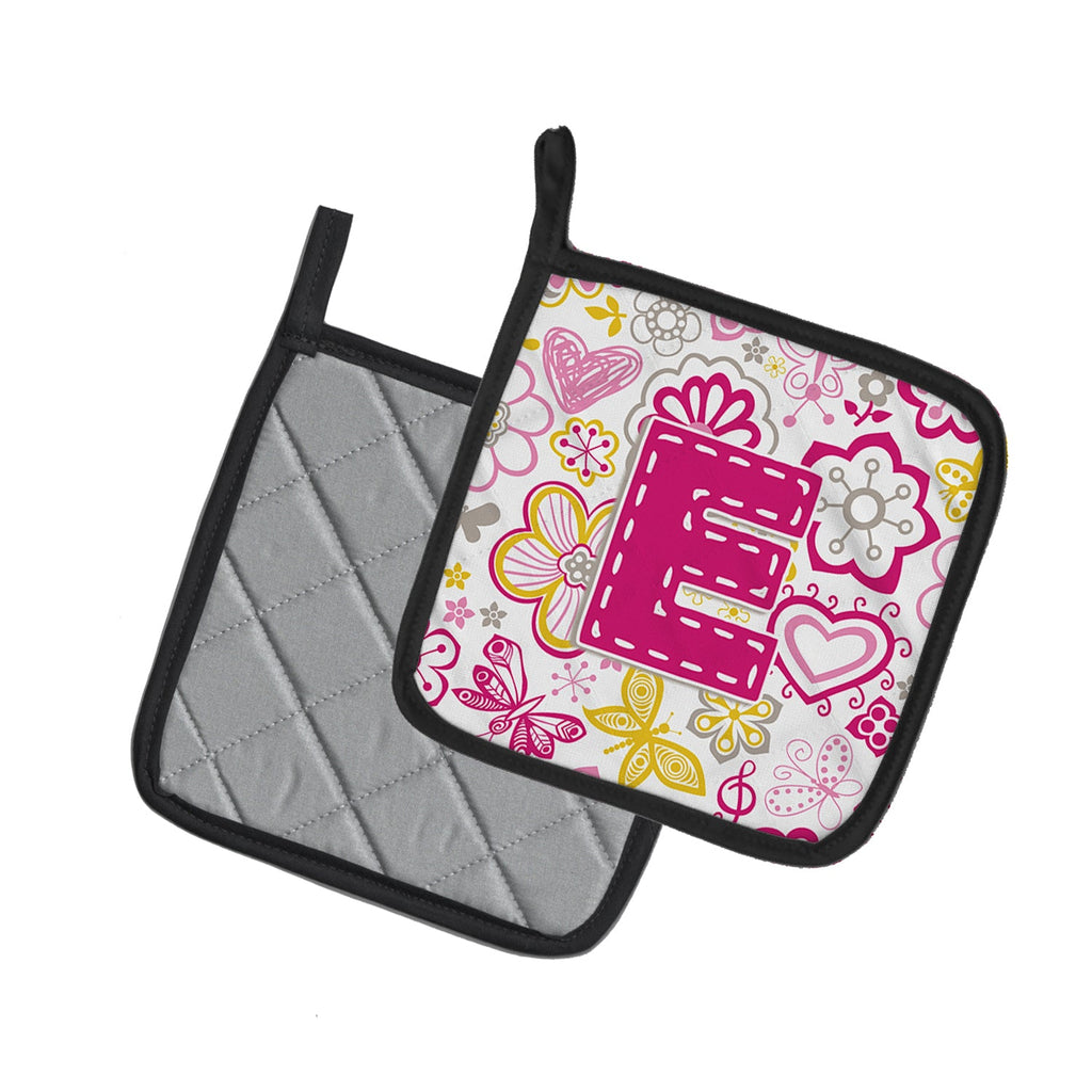 Letter E Flowers and Butterflies Pink Pot Holder Set of 2 Heat Resistant Quilted Hot Pads 7.5 x 7.5 Inch, Insulated Kitchen Trivets for Cooking & Baking