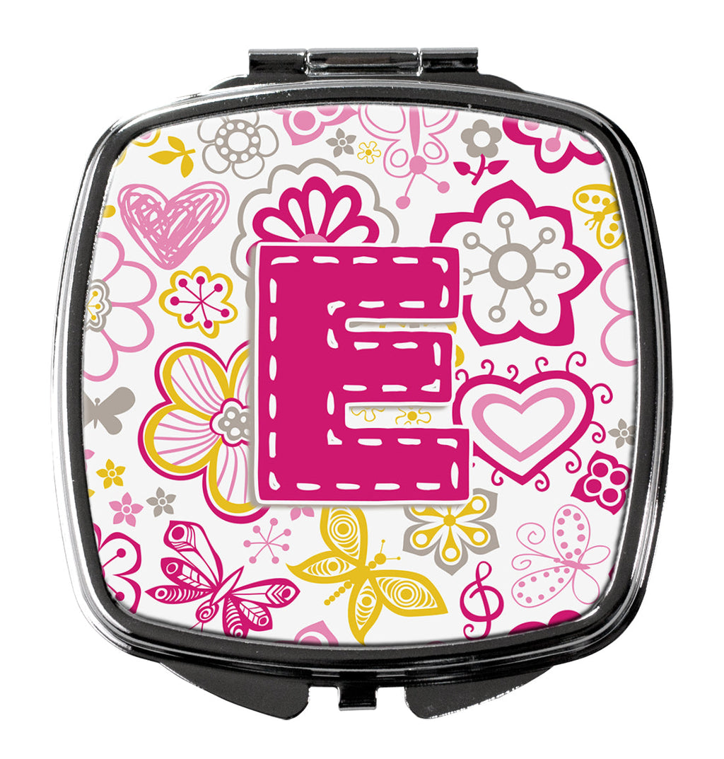 Letter E Flowers and Butterflies Pink Compact Mirror Decorative Travel Makeup Mirror for Women Girls Gifts Pocket Makeup Mirror Folding Handheld