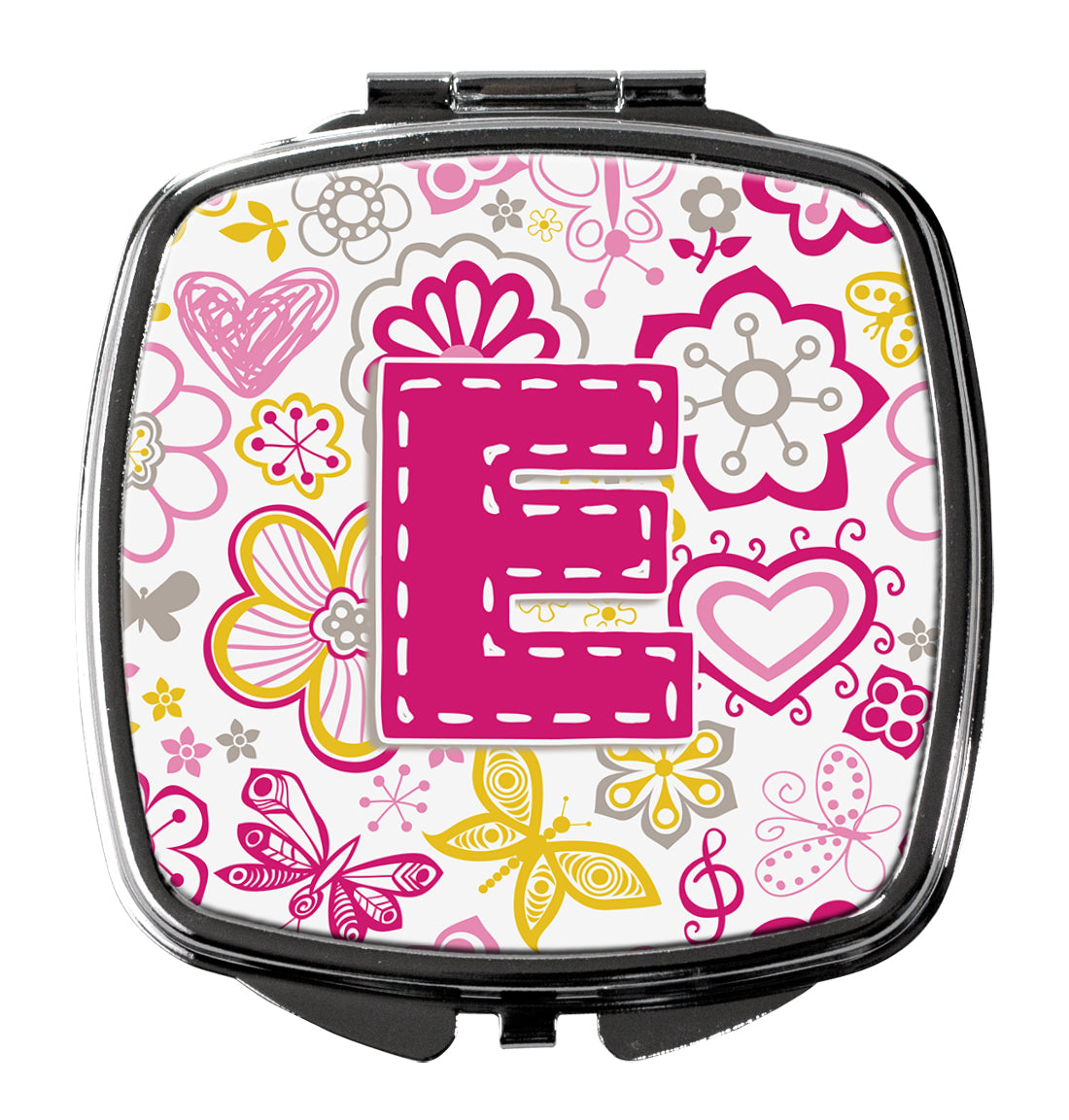 Letter E Flowers and Butterflies Pink Compact Mirror Decorative Travel Makeup Mirror for Women Girls Gifts Pocket Makeup Mirror Folding Handheld