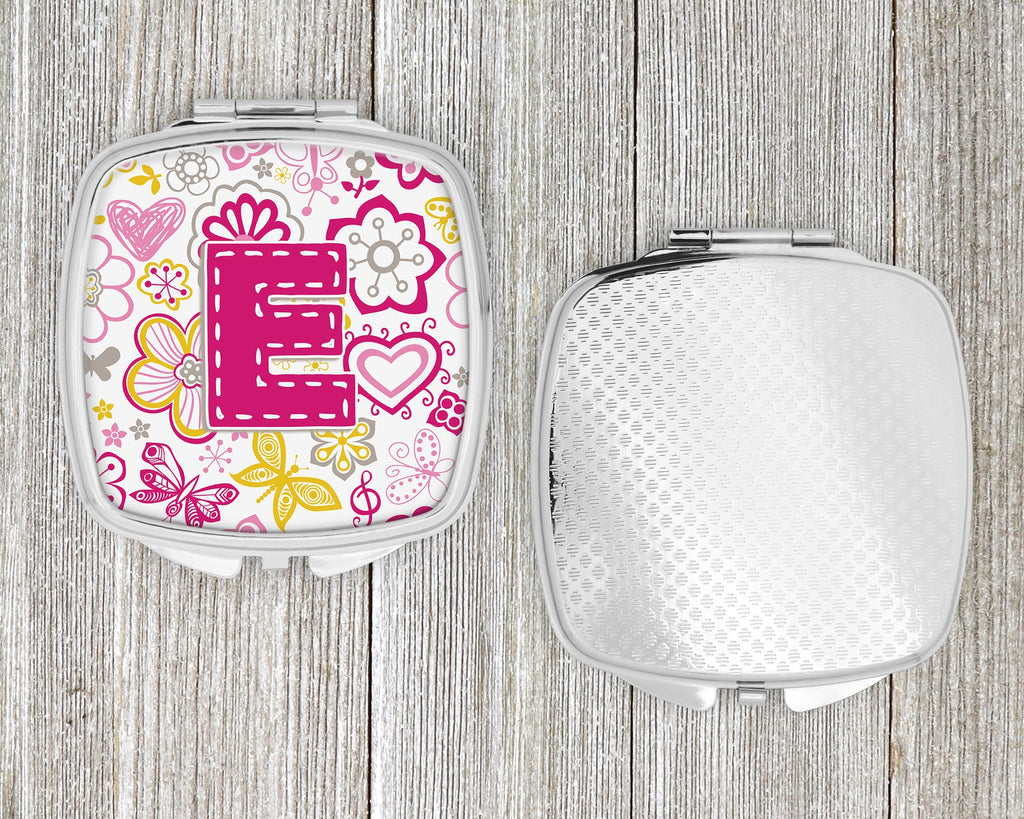 Letter E Flowers and Butterflies Pink Compact Mirror Decorative Travel Makeup Mirror for Women Girls Gifts Pocket Makeup Mirror Folding Handheld