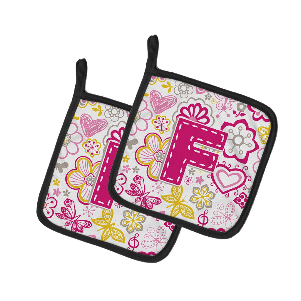 Letter F Flowers and Butterflies Pink Pot Holder Set of 2 Heat Resistant Quilted Hot Pads 7.5 x 7.5 Inch, Insulated Kitchen Trivets for Cooking & Baking