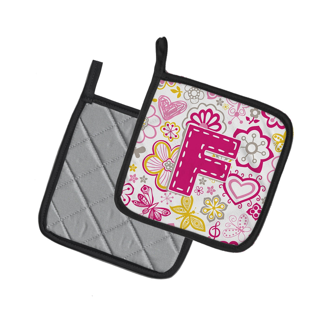 Letter F Flowers and Butterflies Pink Pot Holder Set of 2 Heat Resistant Quilted Hot Pads 7.5 x 7.5 Inch, Insulated Kitchen Trivets for Cooking & Baking