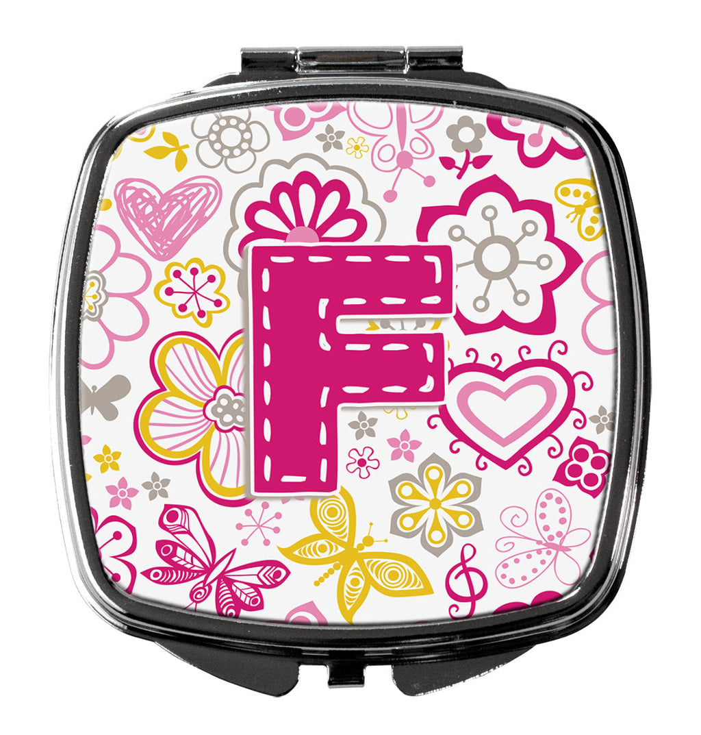 Letter F Flowers and Butterflies Pink Compact Mirror Decorative Travel Makeup Mirror for Women Girls Gifts Pocket Makeup Mirror Folding Handheld