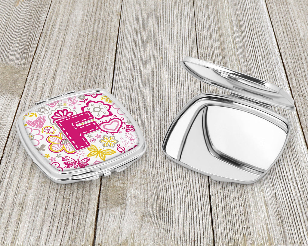 Letter F Flowers and Butterflies Pink Compact Mirror Decorative Travel Makeup Mirror for Women Girls Gifts Pocket Makeup Mirror Folding Handheld