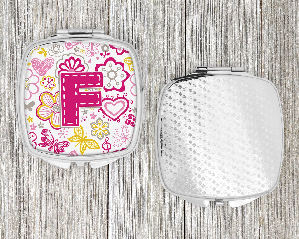 Letter F Flowers and Butterflies Pink Compact Mirror Decorative Travel Makeup Mirror for Women Girls Gifts Pocket Makeup Mirror Folding Handheld