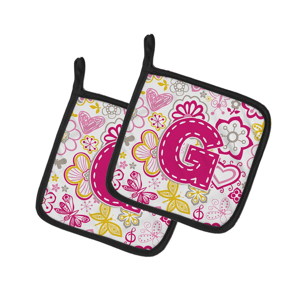 Letter G Flowers and Butterflies Pink Pot Holder Set of 2 Heat Resistant Quilted Hot Pads 7.5 x 7.5 Inch, Insulated Kitchen Trivets for Cooking & Baking