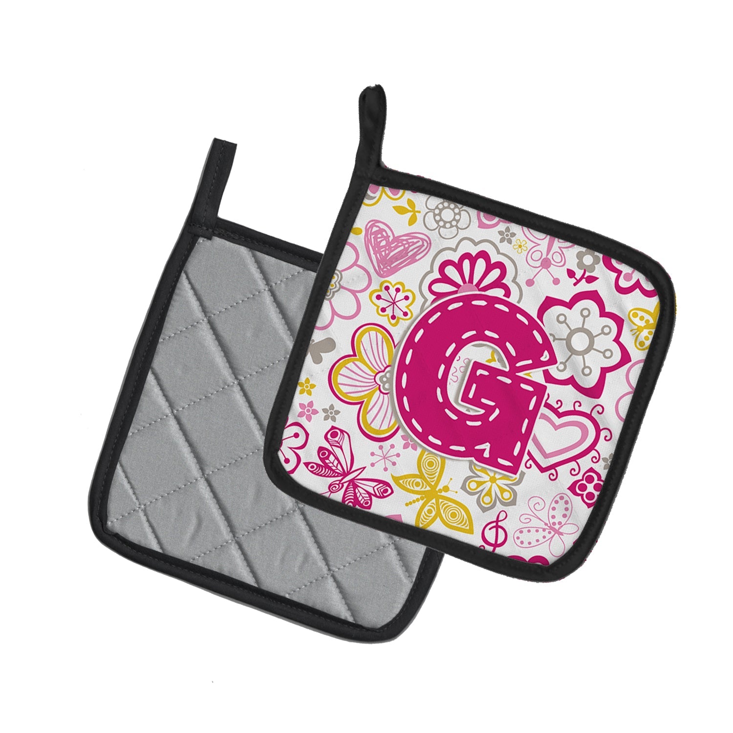 Letter G Flowers and Butterflies Pink Pot Holder Set of 2 Heat Resistant Quilted Hot Pads 7.5 x 7.5 Inch, Insulated Kitchen Trivets for Cooking & Baking