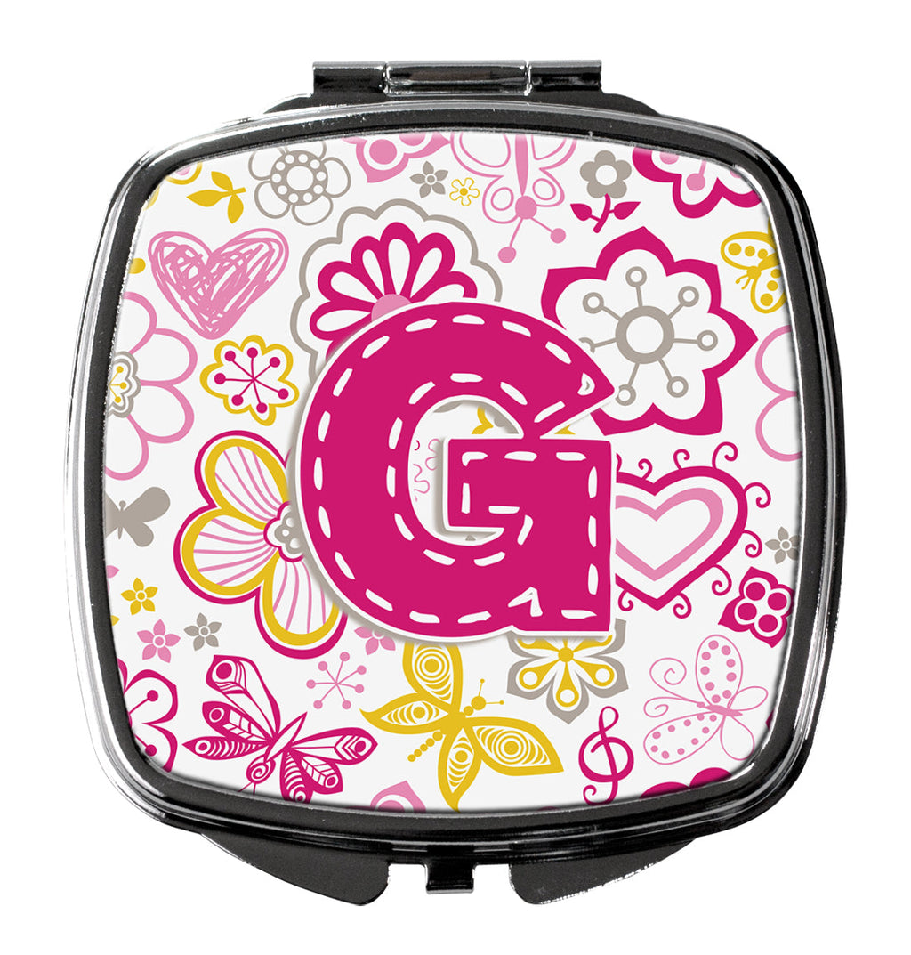 Letter G Flowers and Butterflies Pink Compact Mirror Decorative Travel Makeup Mirror for Women Girls Gifts Pocket Makeup Mirror Folding Handheld