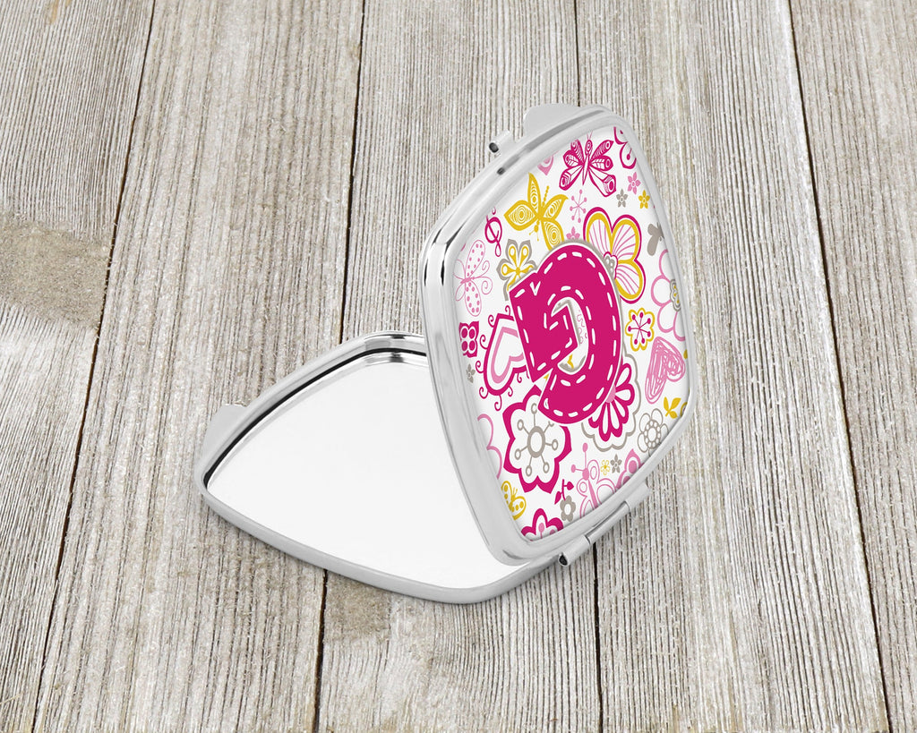 Letter G Flowers and Butterflies Pink Compact Mirror Decorative Travel Makeup Mirror for Women Girls Gifts Pocket Makeup Mirror Folding Handheld