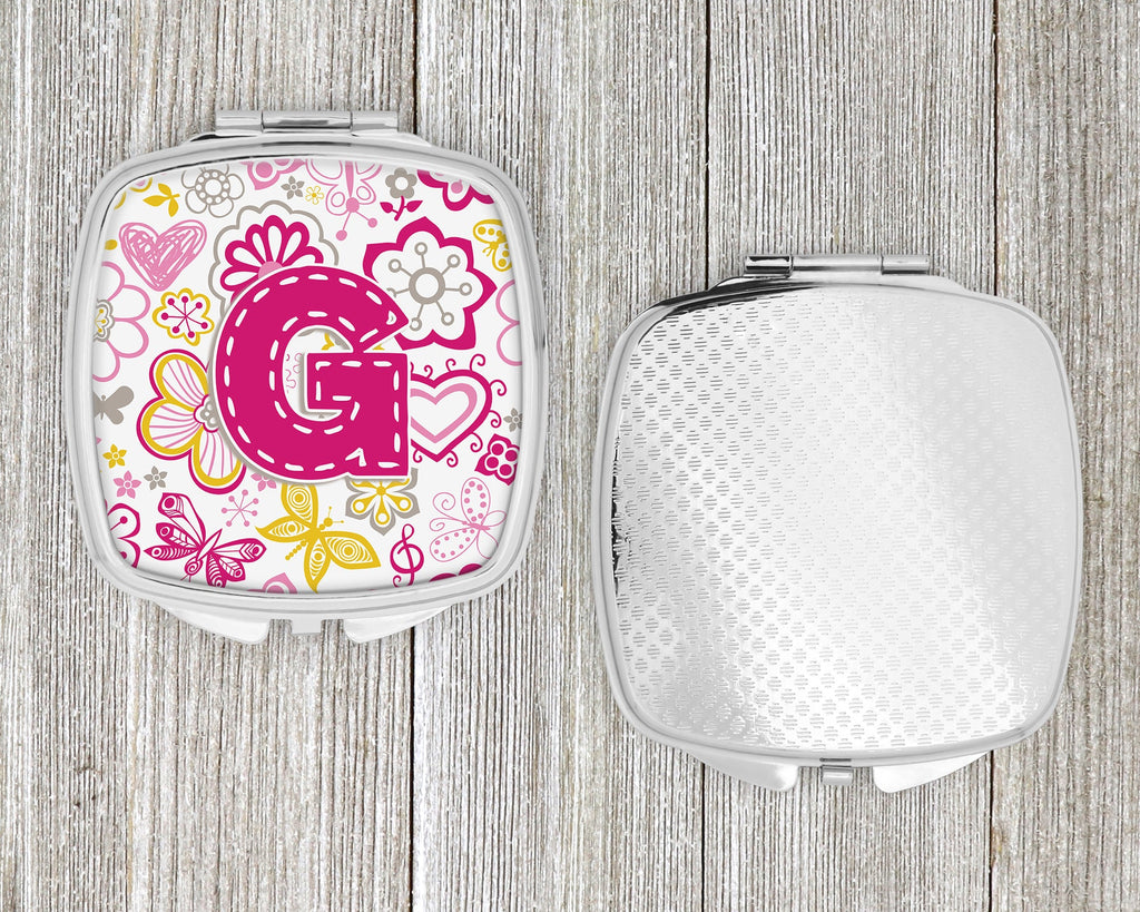 Letter G Flowers and Butterflies Pink Compact Mirror Decorative Travel Makeup Mirror for Women Girls Gifts Pocket Makeup Mirror Folding Handheld
