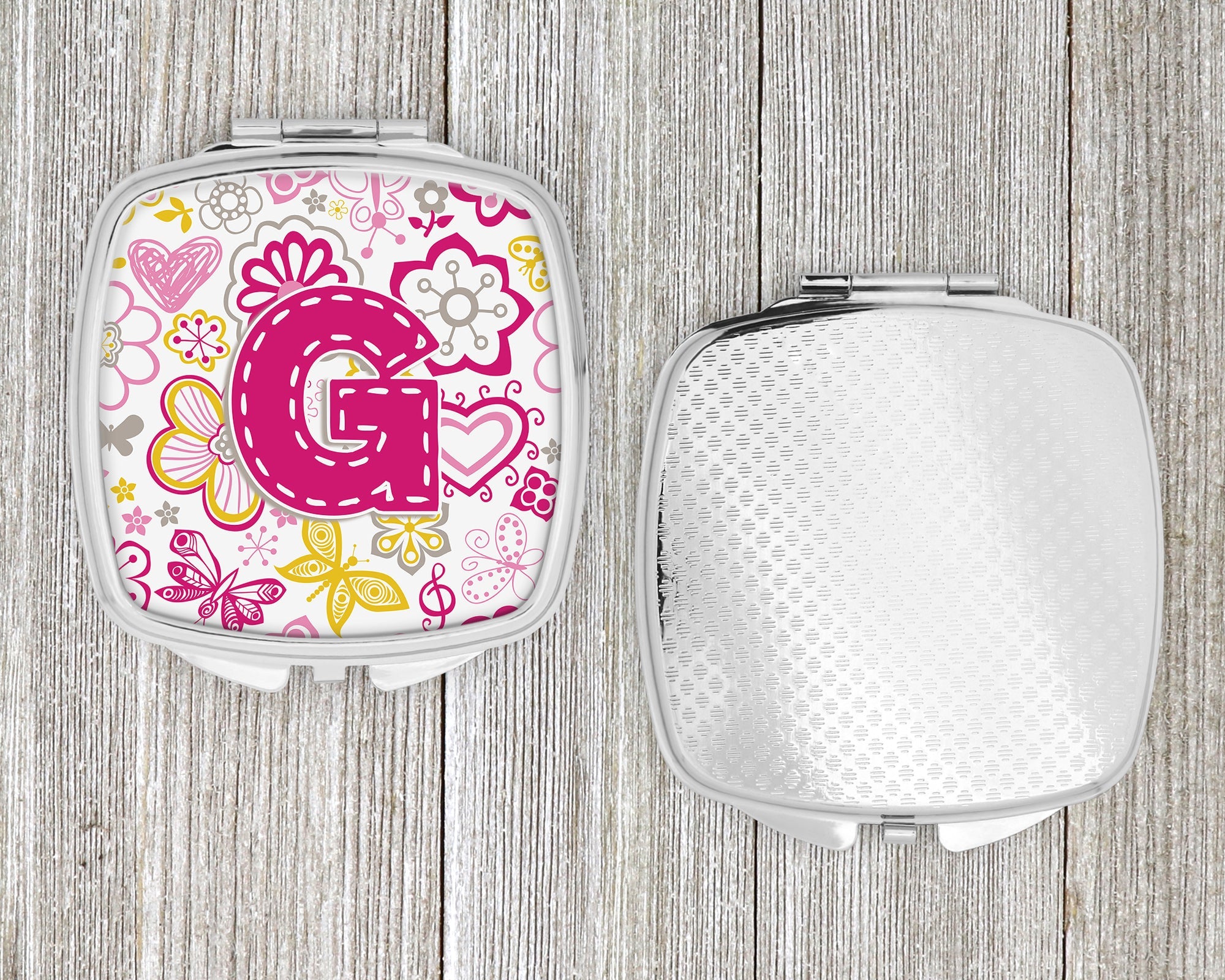Letter G Flowers and Butterflies Pink Compact Mirror Decorative Travel Makeup Mirror for Women Girls Gifts Pocket Makeup Mirror Folding Handheld