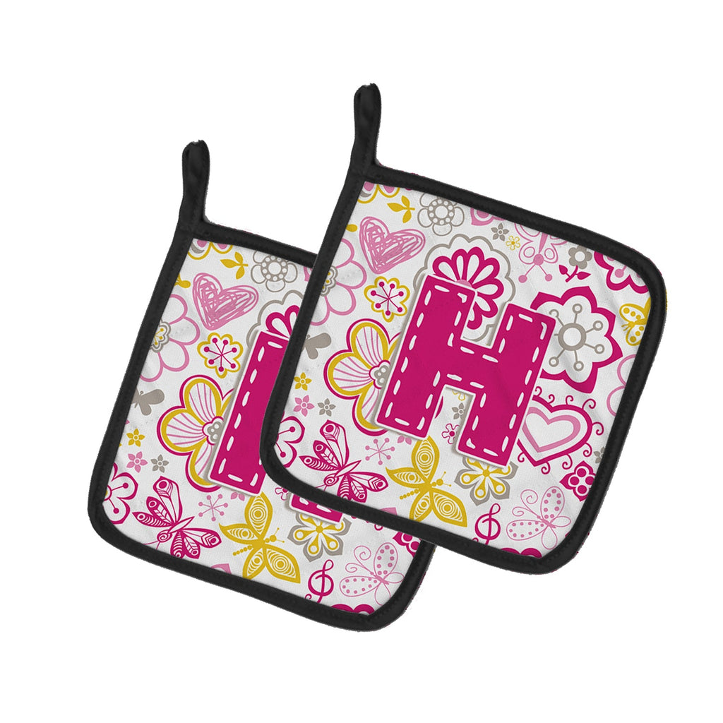 Letter H Flowers and Butterflies Pink Pot Holder Set of 2 Heat Resistant Quilted Hot Pads 7.5 x 7.5 Inch, Insulated Kitchen Trivets for Cooking & Baking