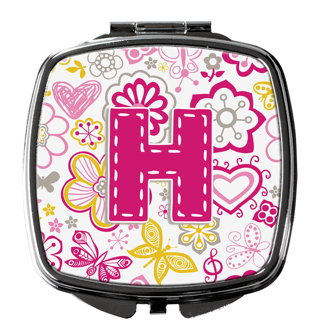Letter H Flowers and Butterflies Pink Compact Mirror Decorative Travel Makeup Mirror for Women Girls Gifts Pocket Makeup Mirror Folding Handheld