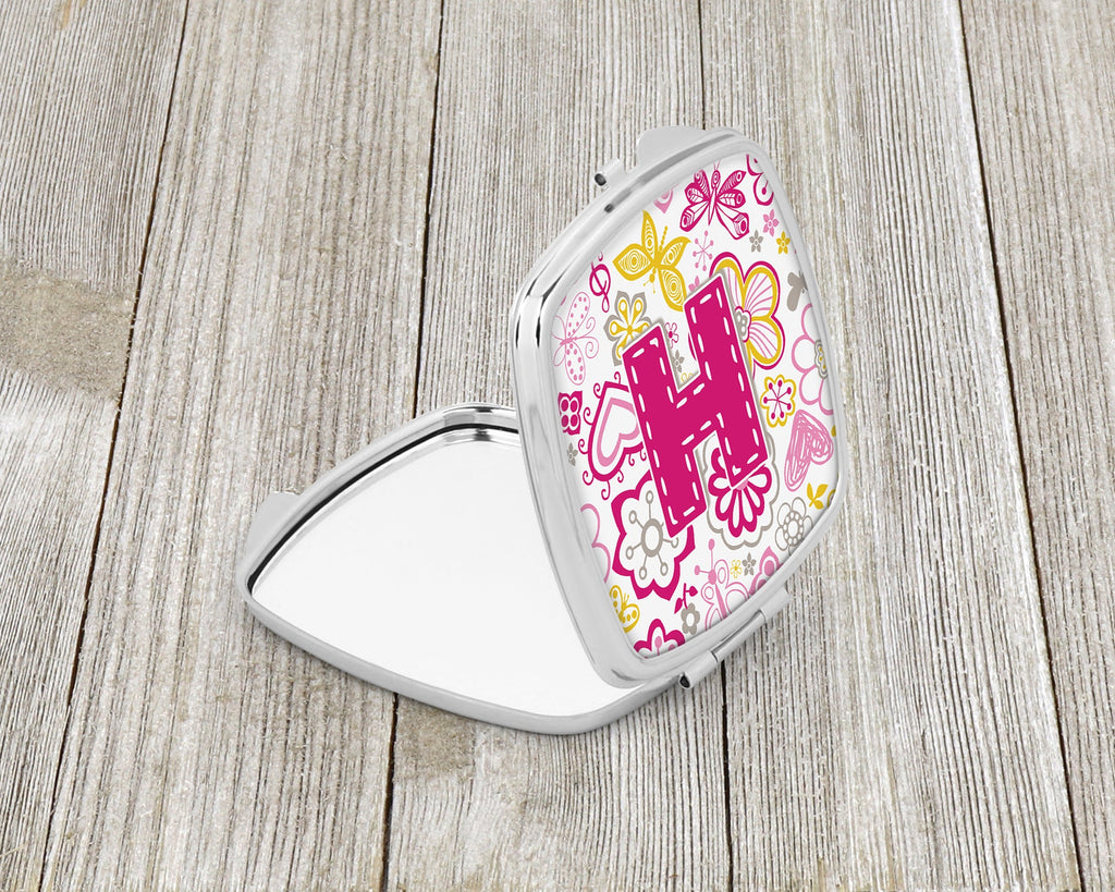 Letter H Flowers and Butterflies Pink Compact Mirror Decorative Travel Makeup Mirror for Women Girls Gifts Pocket Makeup Mirror Folding Handheld