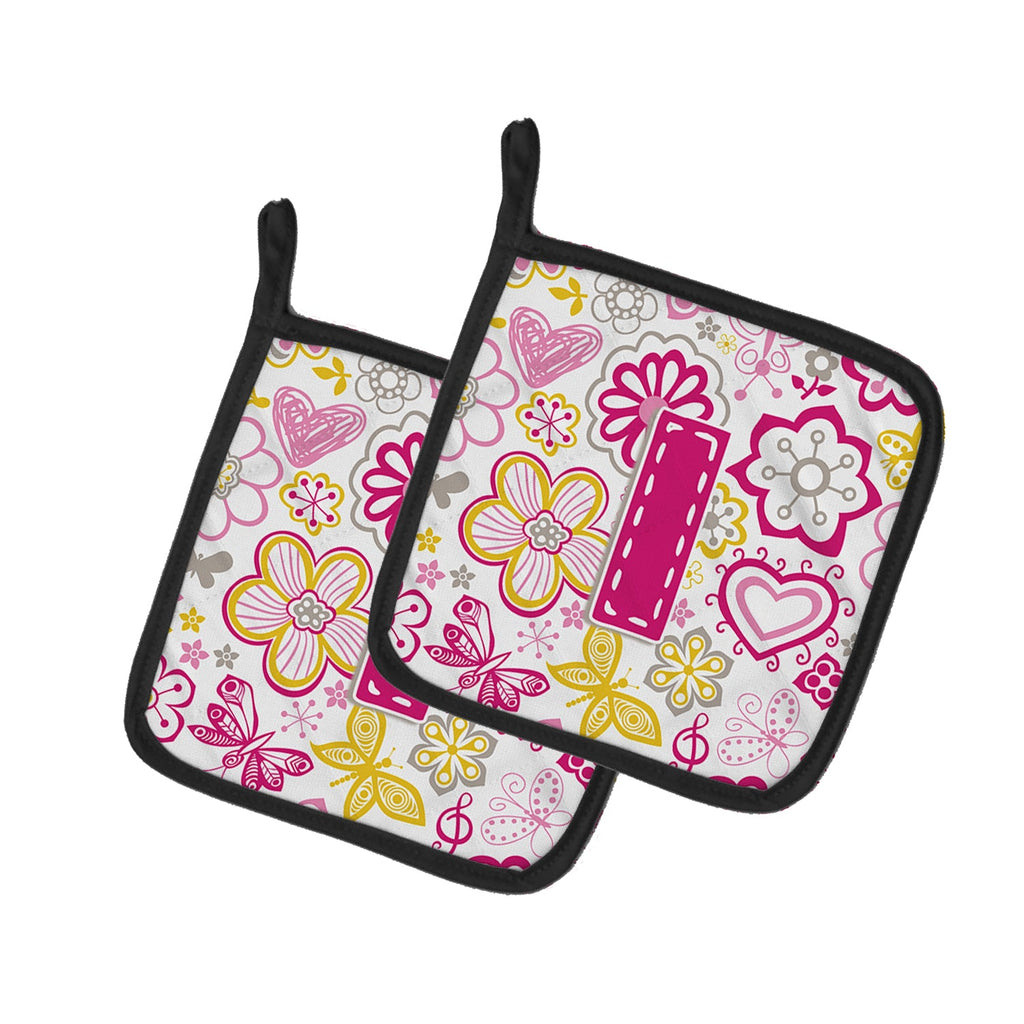 Letter I Flowers and Butterflies Pink Pot Holder Set of 2 Heat Resistant Quilted Hot Pads 7.5 x 7.5 Inch, Insulated Kitchen Trivets for Cooking & Baking