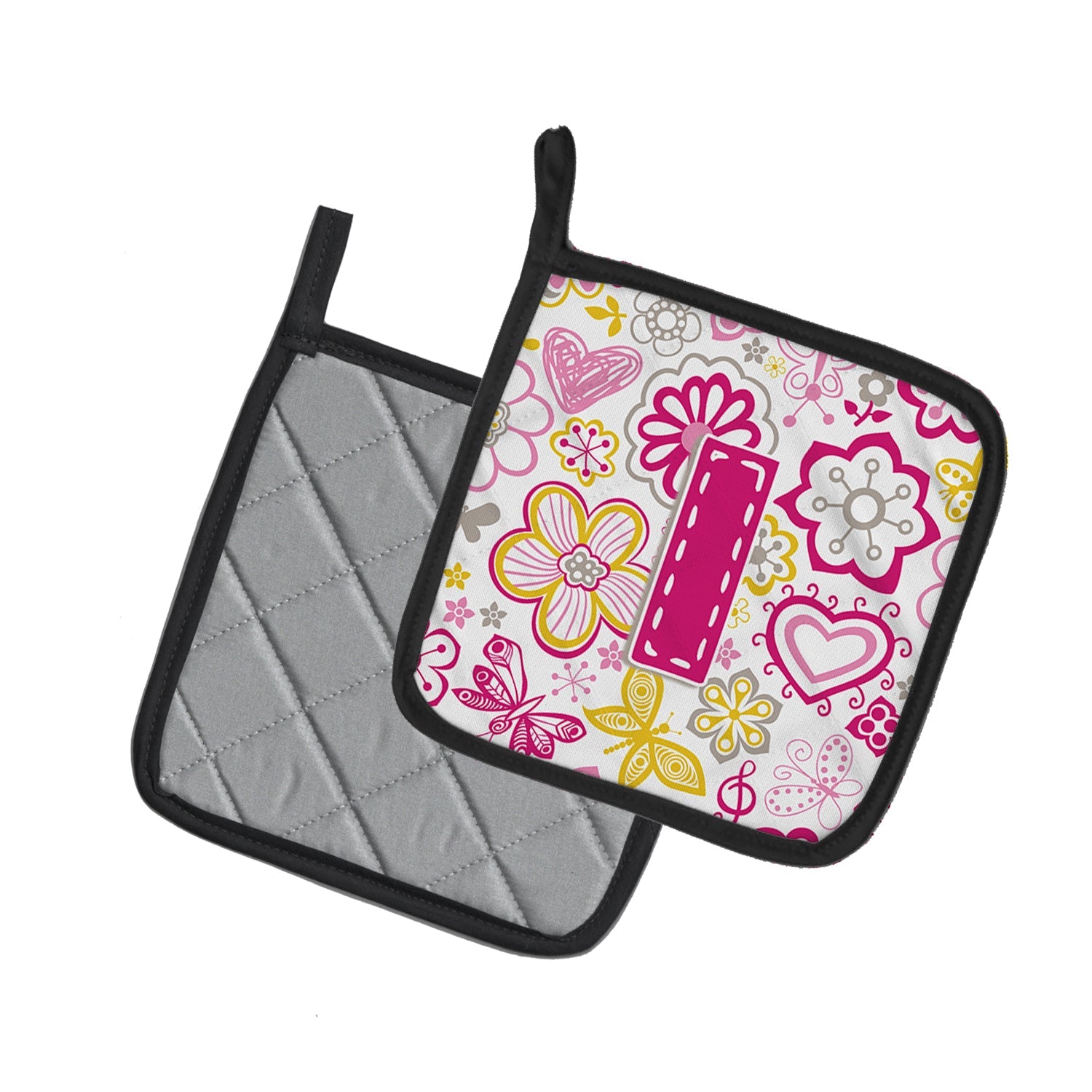 Letter I Flowers and Butterflies Pink Pot Holder Set of 2 Heat Resistant Quilted Hot Pads 7.5 x 7.5 Inch, Insulated Kitchen Trivets for Cooking & Baking