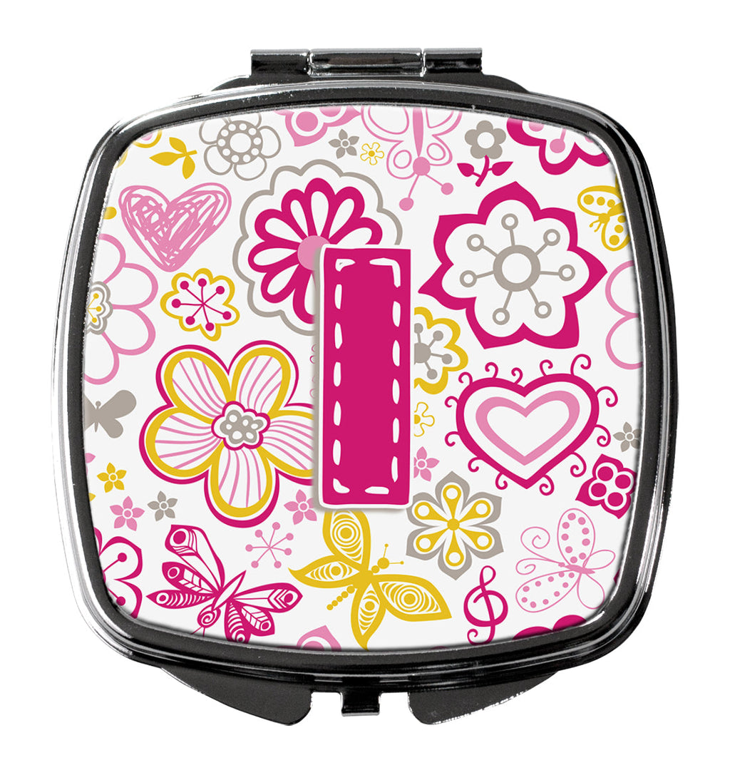 Letter I Flowers and Butterflies Pink Compact Mirror Decorative Travel Makeup Mirror for Women Girls Gifts Pocket Makeup Mirror Folding Handheld
