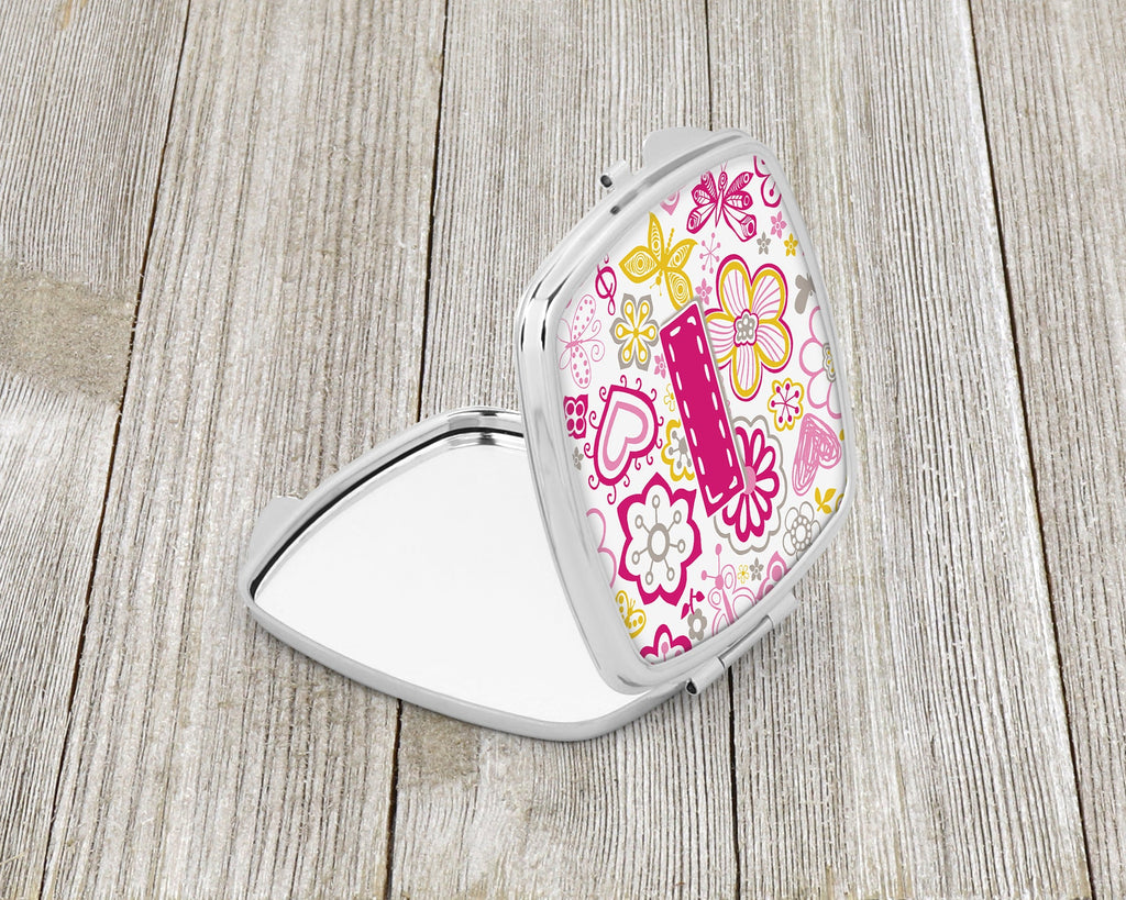 Letter I Flowers and Butterflies Pink Compact Mirror Decorative Travel Makeup Mirror for Women Girls Gifts Pocket Makeup Mirror Folding Handheld