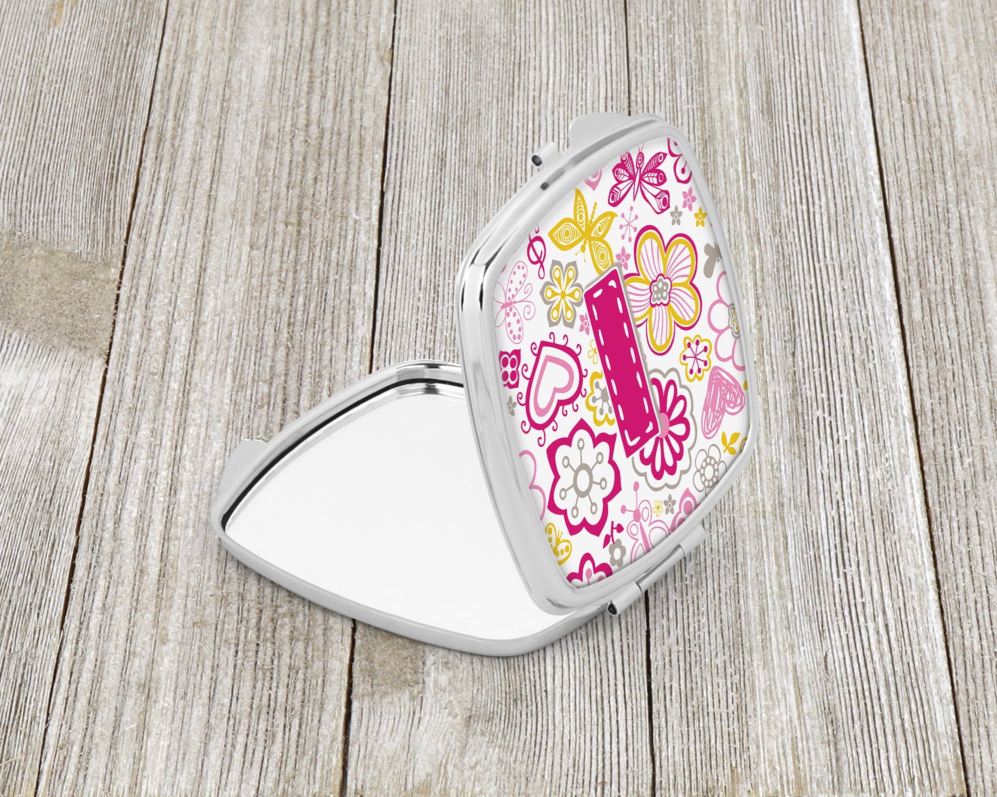 Letter I Flowers and Butterflies Pink Compact Mirror Decorative Travel Makeup Mirror for Women Girls Gifts Pocket Makeup Mirror Folding Handheld