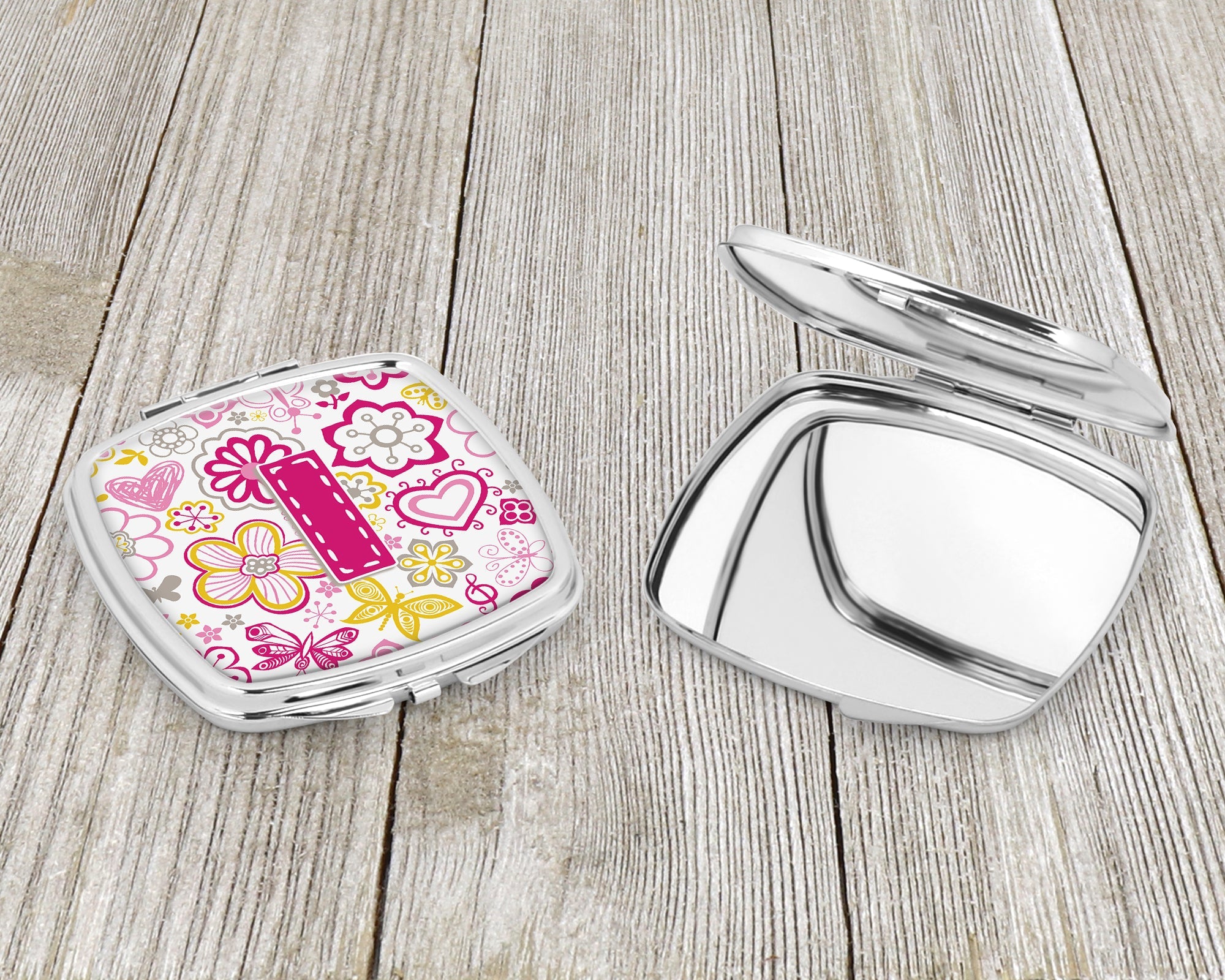 Letter I Flowers and Butterflies Pink Compact Mirror Decorative Travel Makeup Mirror for Women Girls Gifts Pocket Makeup Mirror Folding Handheld
