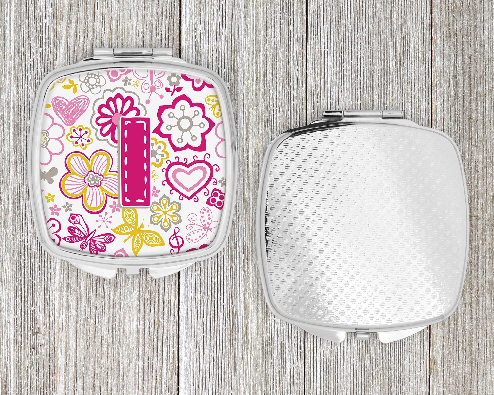 Letter I Flowers and Butterflies Pink Compact Mirror Decorative Travel Makeup Mirror for Women Girls Gifts Pocket Makeup Mirror Folding Handheld