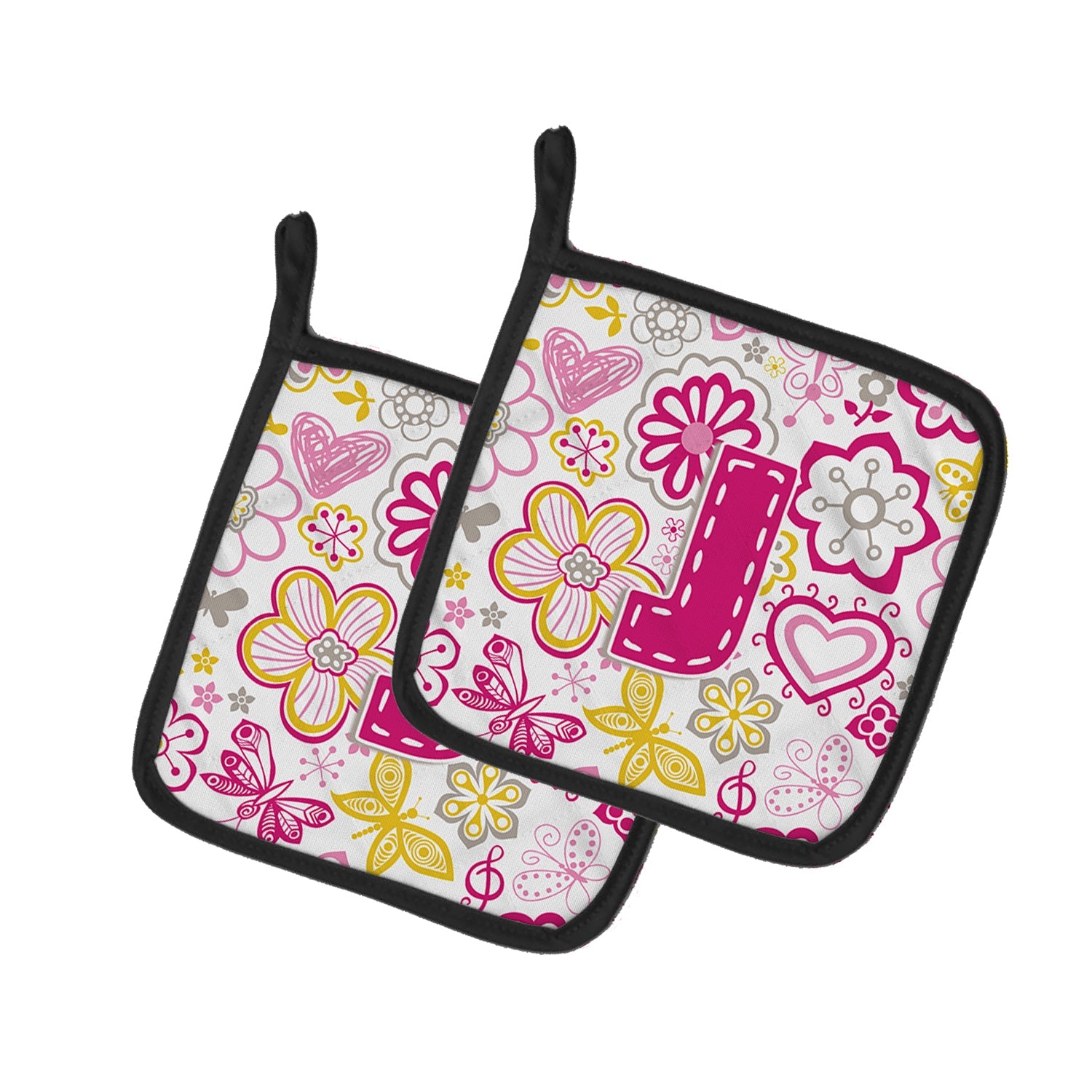 Letter J Flowers and Butterflies Pink Pot Holder Set of 2 Heat Resistant Quilted Hot Pads 7.5 x 7.5 Inch, Insulated Kitchen Trivets for Cooking & Baking