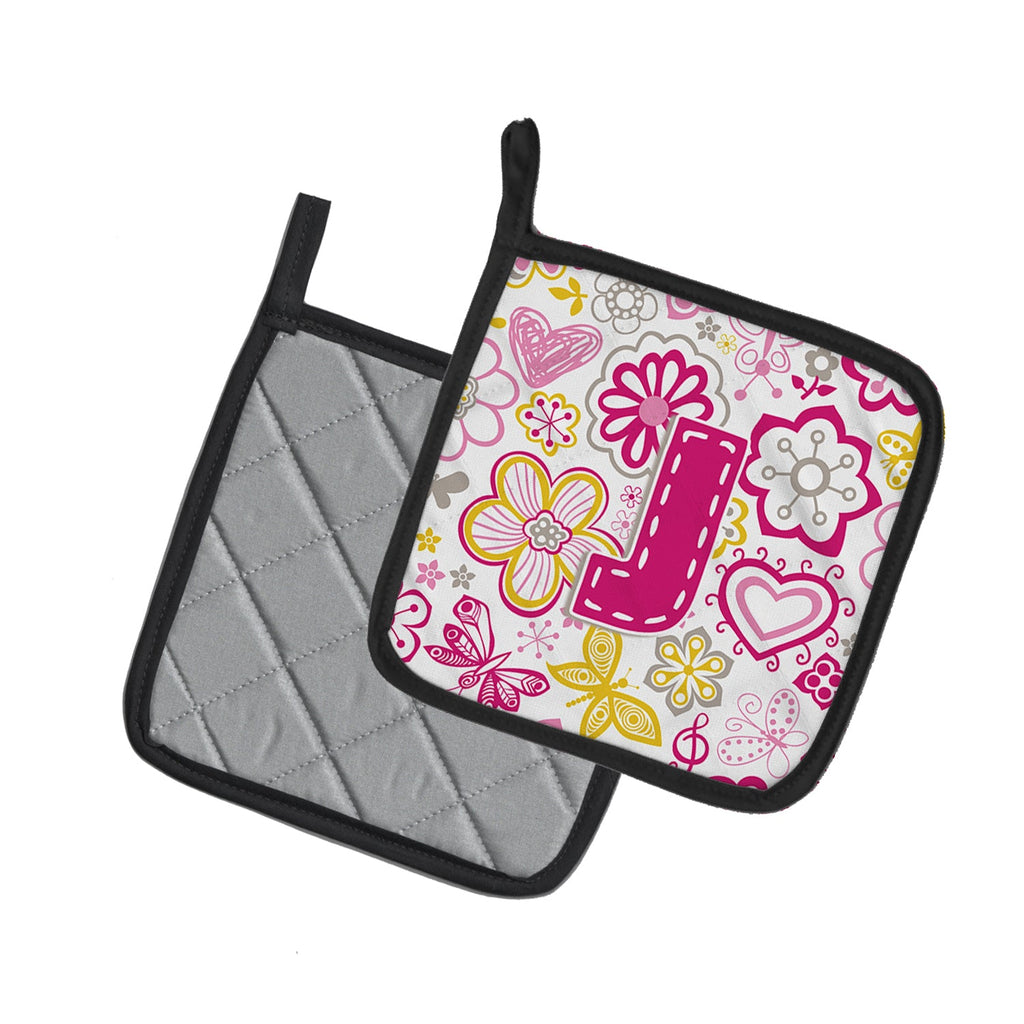Letter J Flowers and Butterflies Pink Pot Holder Set of 2 Heat Resistant Quilted Hot Pads 7.5 x 7.5 Inch, Insulated Kitchen Trivets for Cooking & Baking