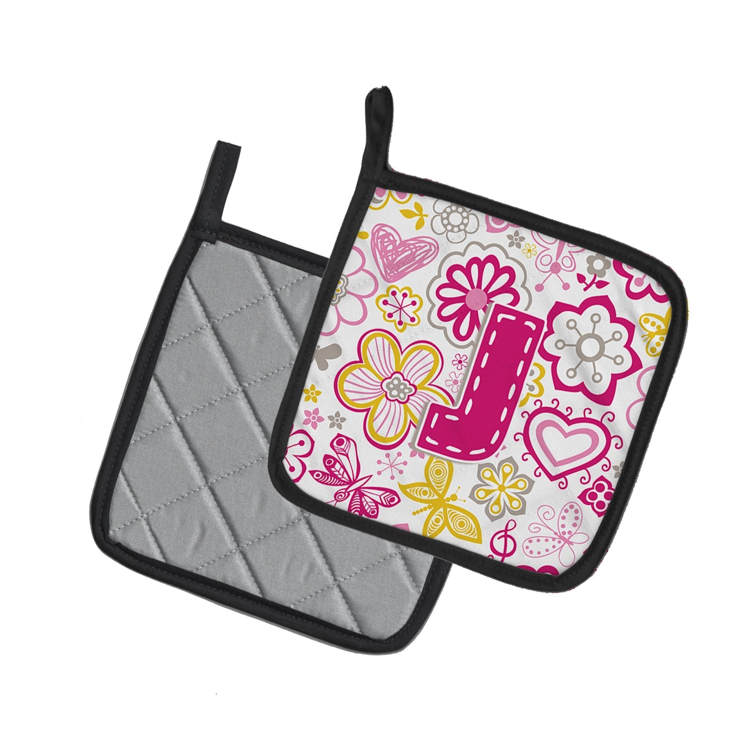 Letter J Flowers and Butterflies Pink Pot Holder Set of 2 Heat Resistant Quilted Hot Pads 7.5 x 7.5 Inch, Insulated Kitchen Trivets for Cooking & Baking