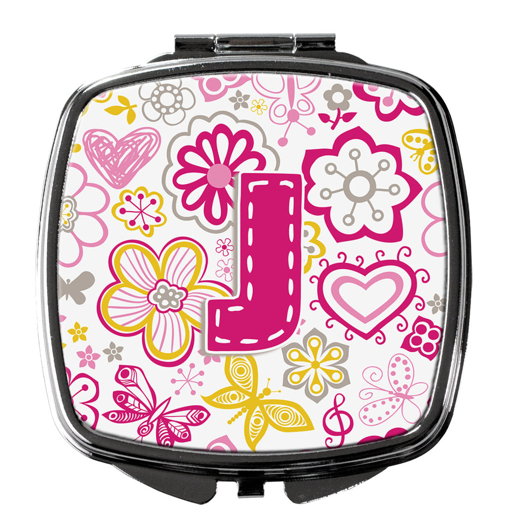 Letter J Flowers and Butterflies Pink Compact Mirror Decorative Travel Makeup Mirror for Women Girls Gifts Pocket Makeup Mirror Folding Handheld