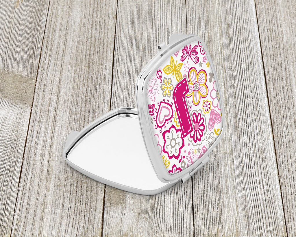Letter J Flowers and Butterflies Pink Compact Mirror Decorative Travel Makeup Mirror for Women Girls Gifts Pocket Makeup Mirror Folding Handheld