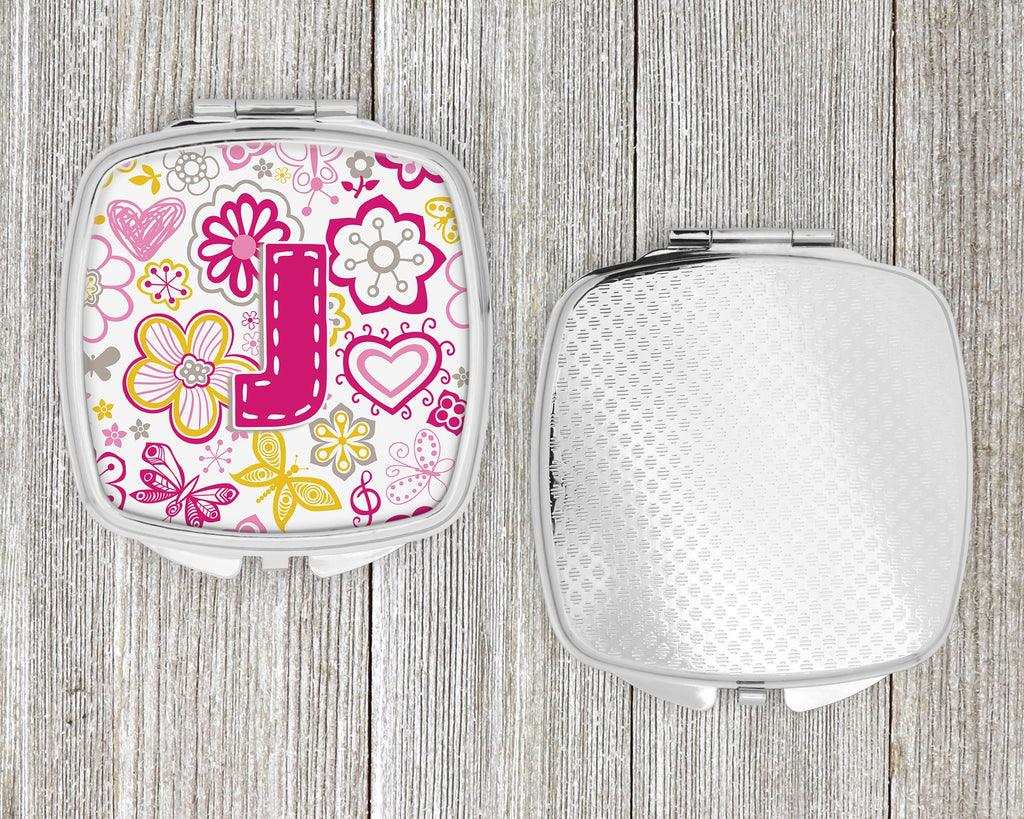 Letter J Flowers and Butterflies Pink Compact Mirror Decorative Travel Makeup Mirror for Women Girls Gifts Pocket Makeup Mirror Folding Handheld