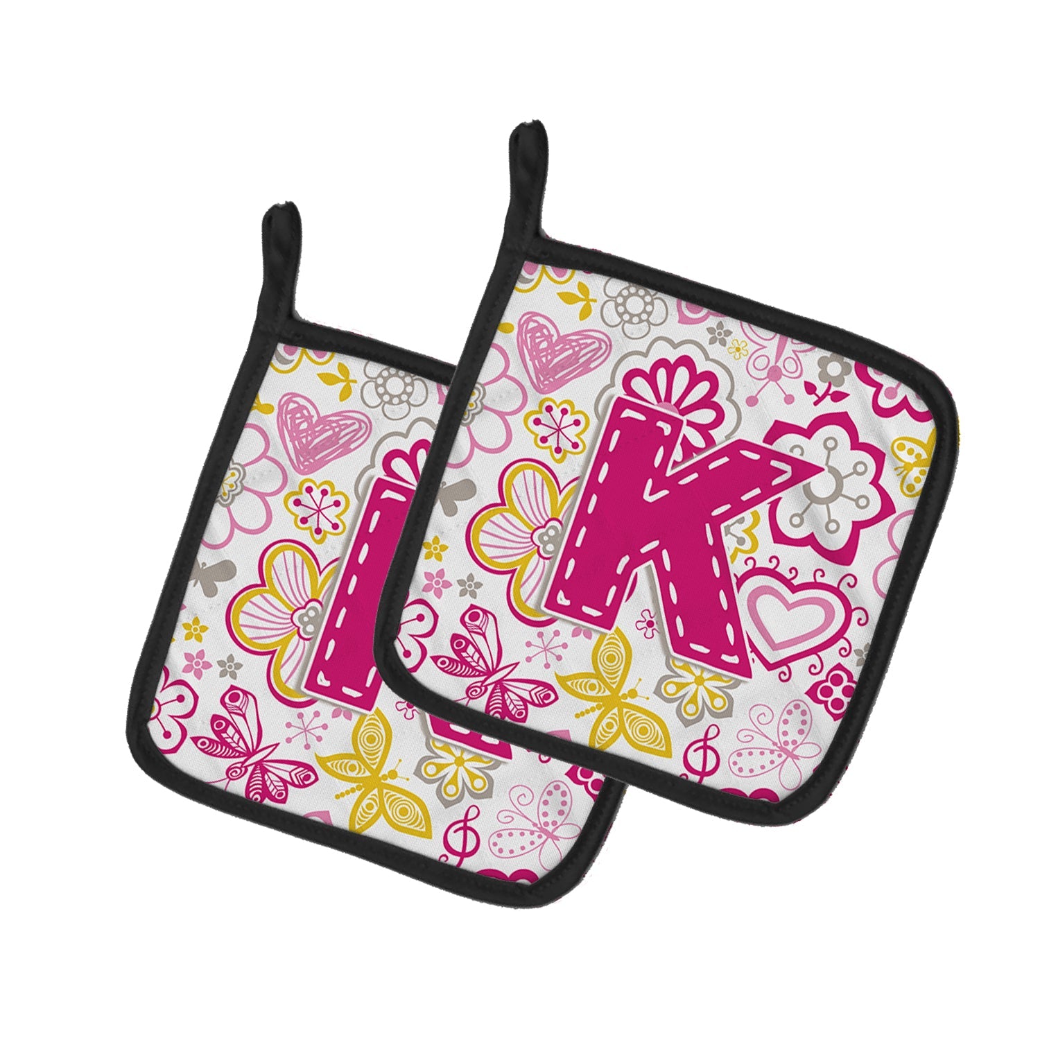 Letter K Flowers and Butterflies Pink Pot Holder Set of 2 Heat Resistant Quilted Hot Pads 7.5 x 7.5 Inch, Insulated Kitchen Trivets for Cooking & Baking