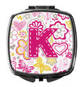Letter K Flowers and Butterflies Pink Compact Mirror Decorative Travel Makeup Mirror for Women Girls Gifts Pocket Makeup Mirror Folding Handheld