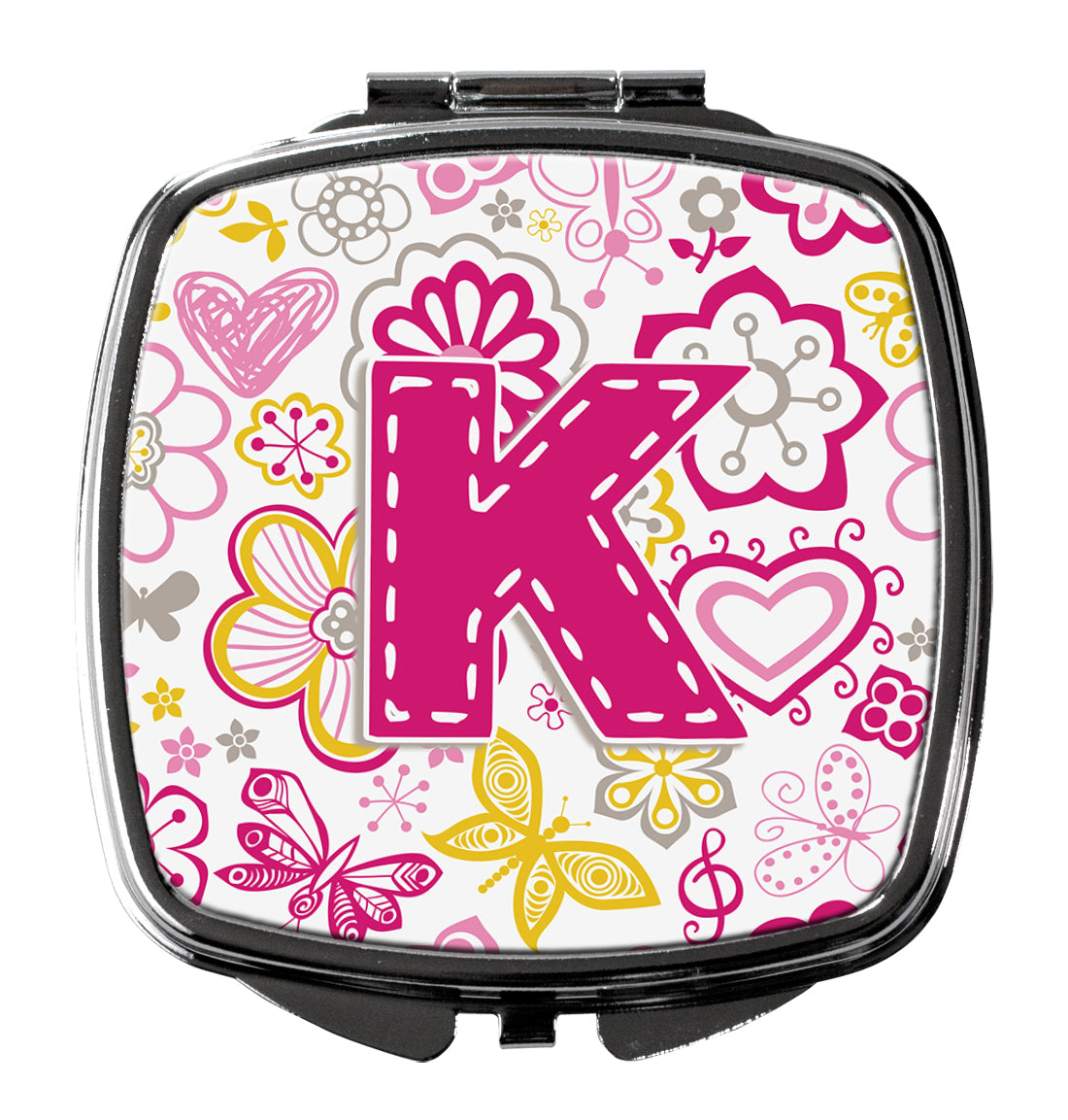 Letter K Flowers and Butterflies Pink Compact Mirror Decorative Travel Makeup Mirror for Women Girls Gifts Pocket Makeup Mirror Folding Handheld