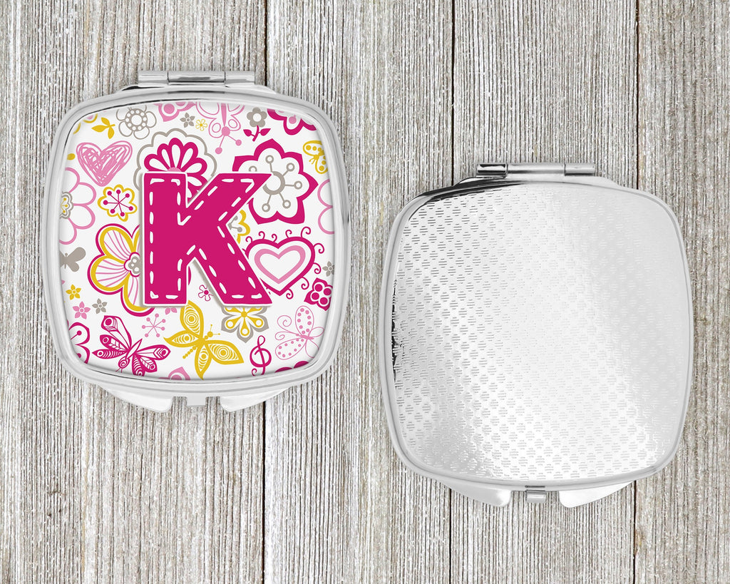 Letter K Flowers and Butterflies Pink Compact Mirror Decorative Travel Makeup Mirror for Women Girls Gifts Pocket Makeup Mirror Folding Handheld