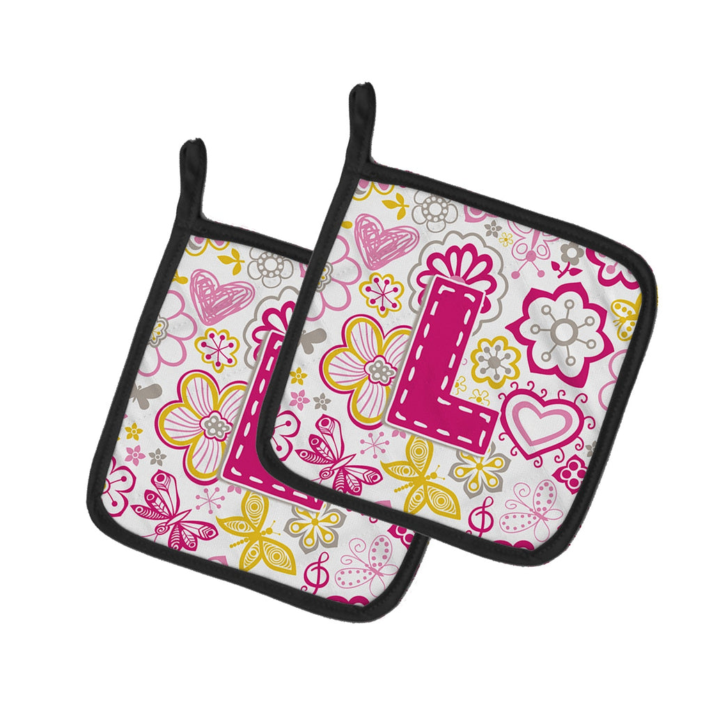 Letter L Flowers and Butterflies Pink Pot Holder Set of 2 Heat Resistant Quilted Hot Pads 7.5 x 7.5 Inch, Insulated Kitchen Trivets for Cooking & Baking