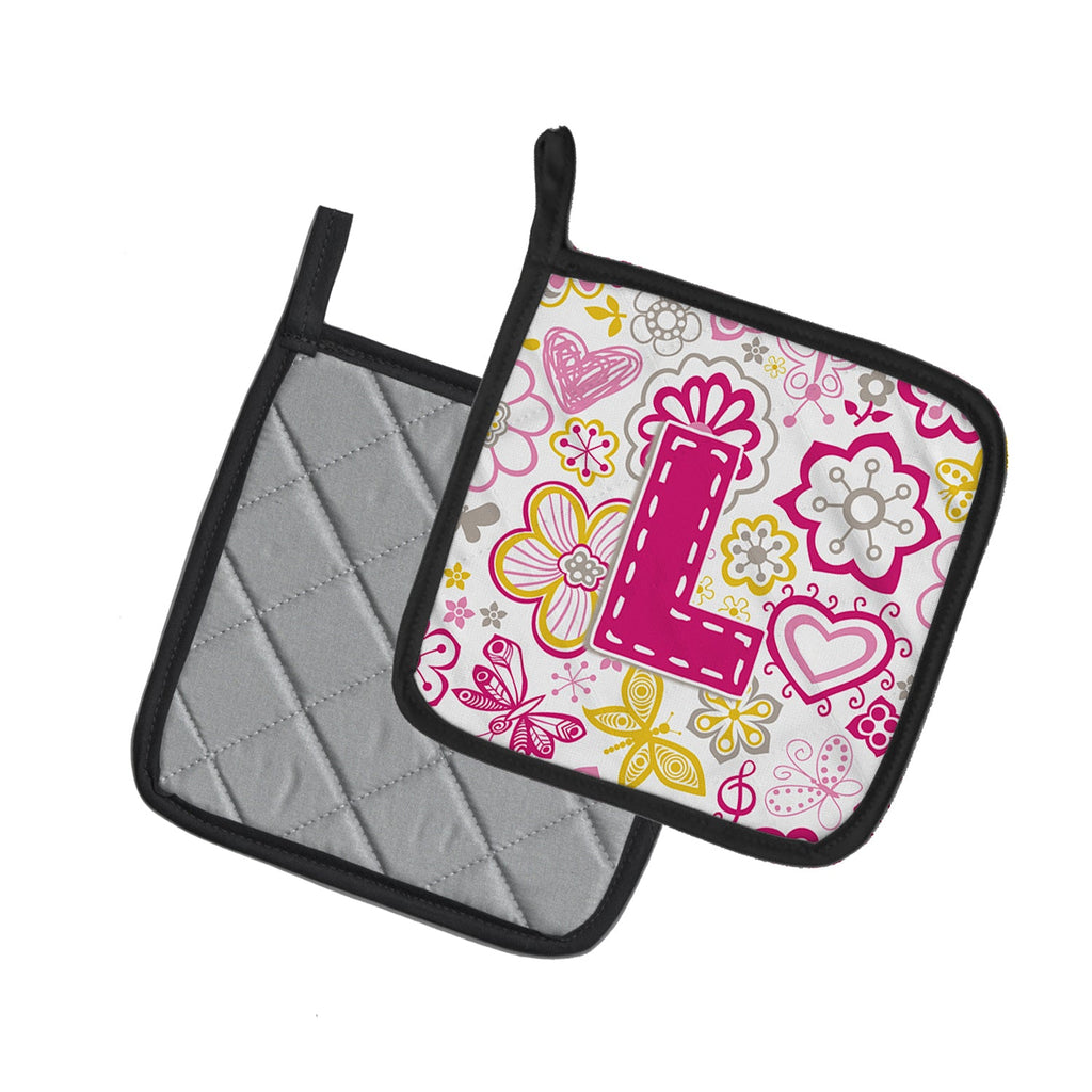 Letter L Flowers and Butterflies Pink Pot Holder Set of 2 Heat Resistant Quilted Hot Pads 7.5 x 7.5 Inch, Insulated Kitchen Trivets for Cooking & Baking