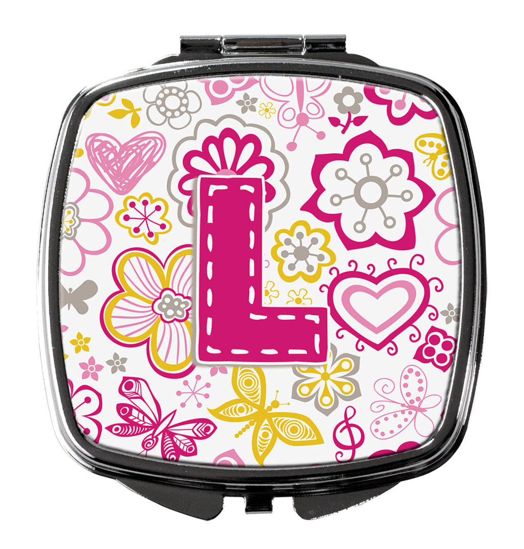 Letter L Flowers and Butterflies Pink Compact Mirror Decorative Travel Makeup Mirror for Women Girls Gifts Pocket Makeup Mirror Folding Handheld