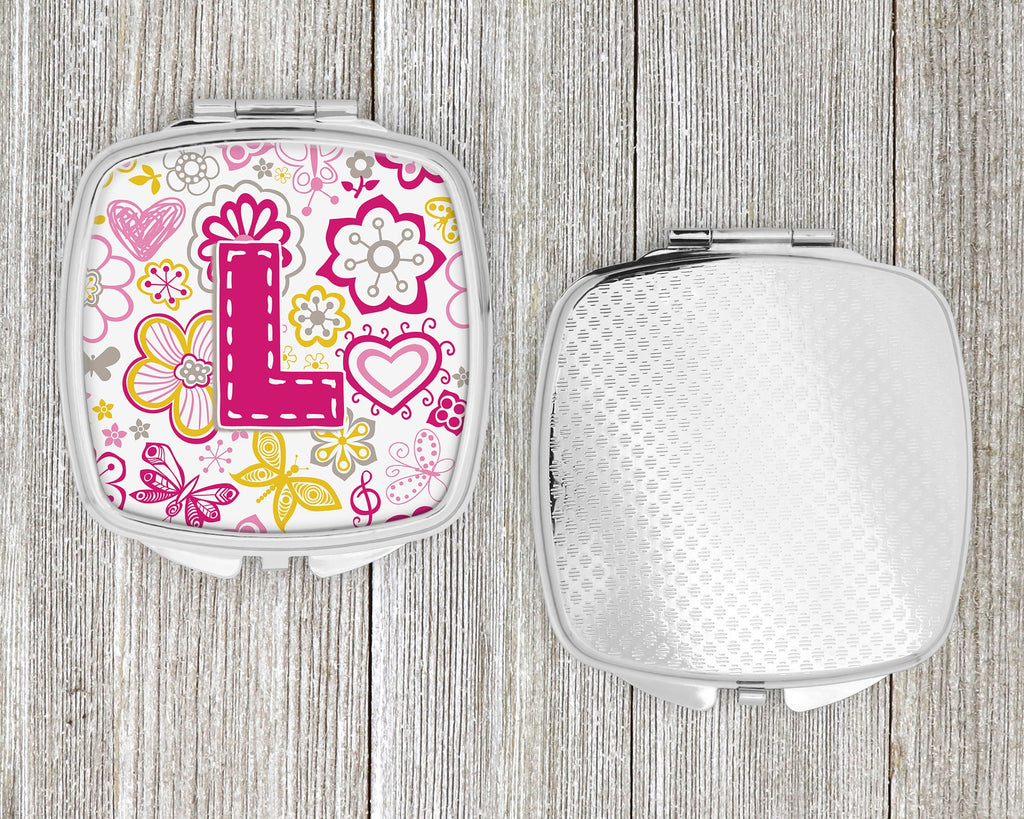 Letter L Flowers and Butterflies Pink Compact Mirror Decorative Travel Makeup Mirror for Women Girls Gifts Pocket Makeup Mirror Folding Handheld