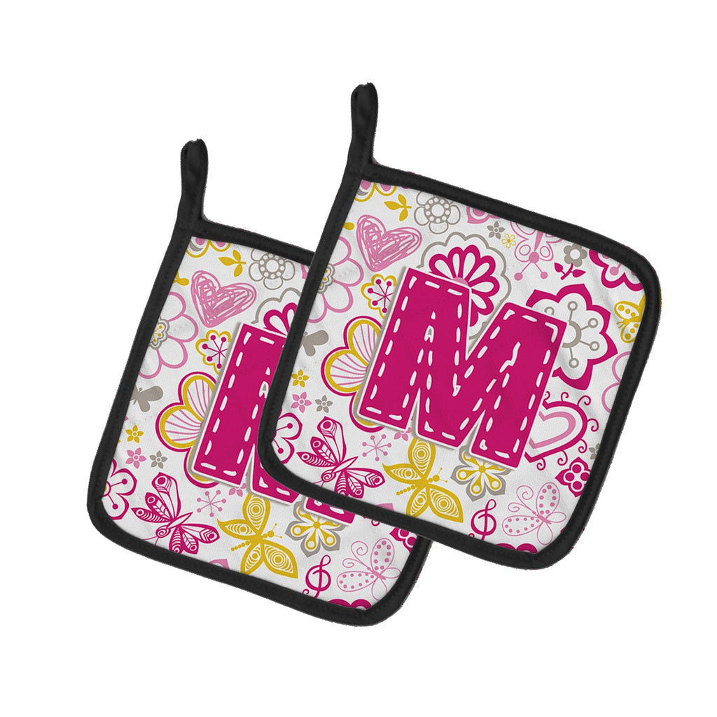 Letter M Flowers and Butterflies Pink Pot Holder Set of 2 Heat Resistant Quilted Hot Pads 7.5 x 7.5 Inch, Insulated Kitchen Trivets for Cooking & Baking